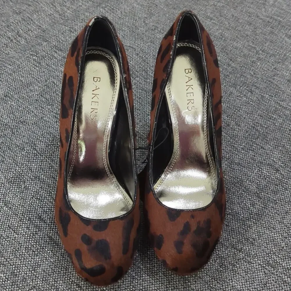 BAKERS Melina Leopard Print Cow Hair Fur Platform Heels Brown Black Wmns Sz 7.5